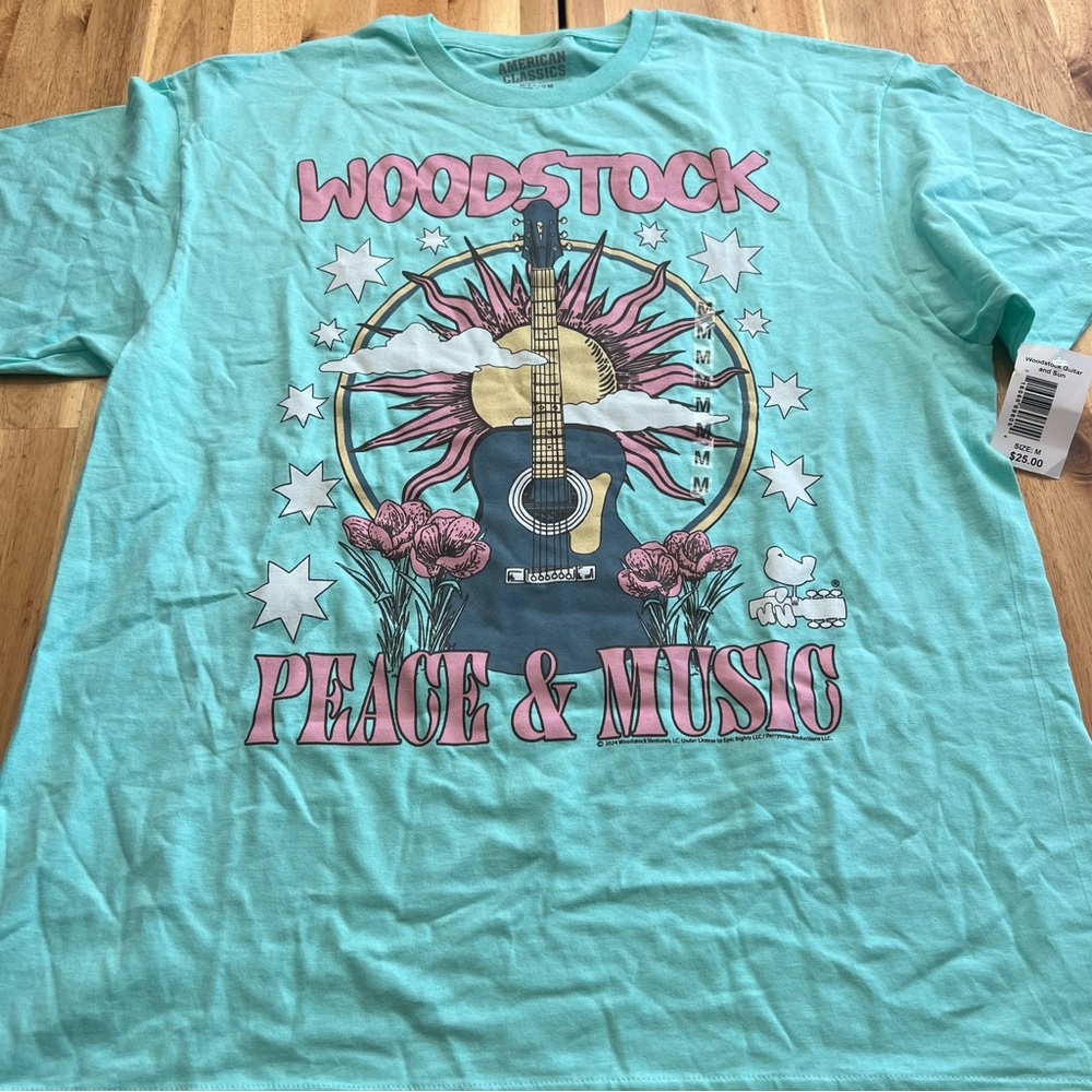 Woodstock Peace & Music Graphic Tee Turquoise – Size M